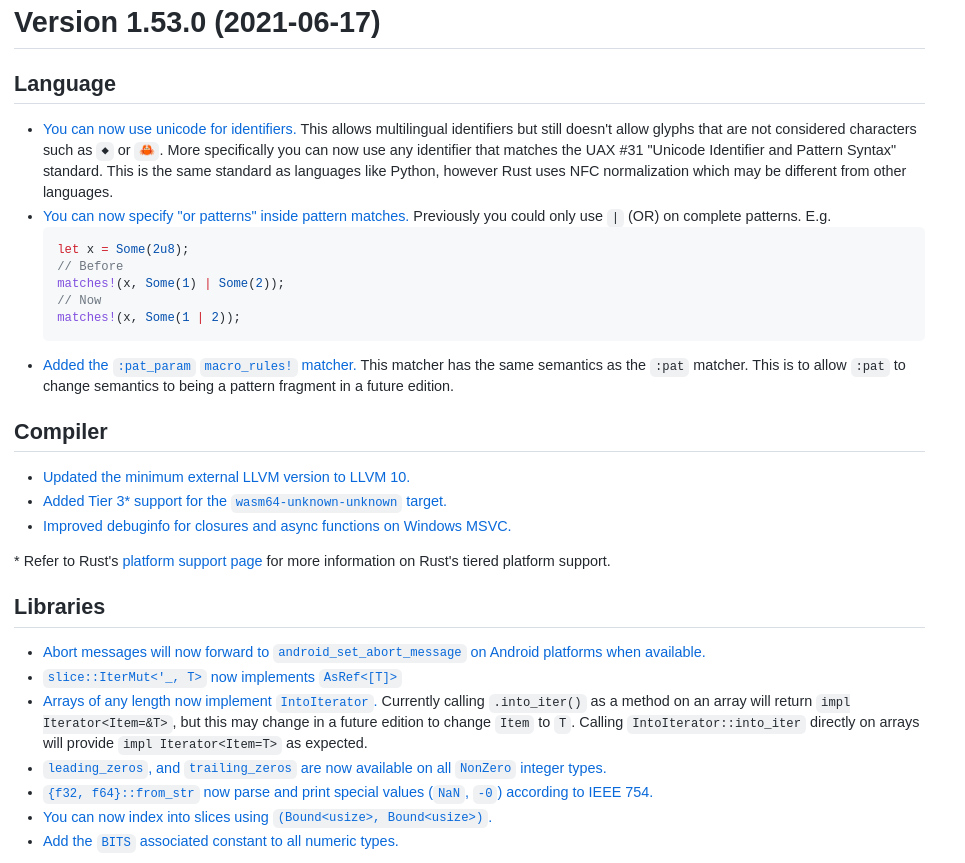 rust v1.53 change logs